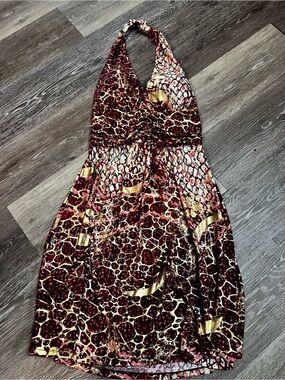 Majora Metallic Gold Red Animal Print Halter Dress S